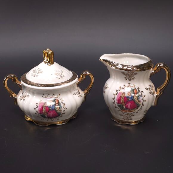 MCM Japanese Porcelain Sugar & Creamer Set Gold Trim Romantic Courting Scene - Picture 1 of 10